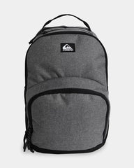 Gray backpack with a brand logo on a light gray background