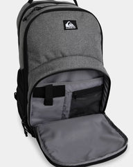 Gray backpack with a visible brand logo on a light gray background
