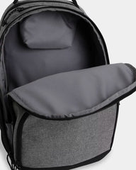 Gray backpack with open front compartment on a light gray background