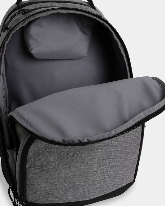 Gray backpack with open front compartment on a light gray background