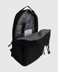 Black backpack with open front compartment on a light gray background