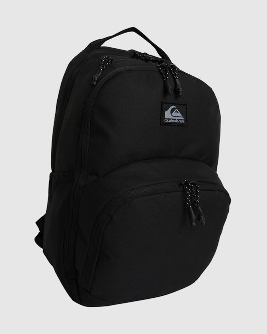 Black backpack with a brand logo on a light gray background