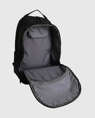 Black backpack with open front compartment on a light gray background