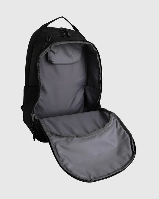 Black backpack with open front compartment on a light gray background