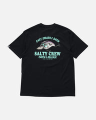 Black t-shirt with Salty Crew graphic design on a white background