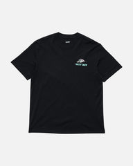 Black t-shirt with a logo on the chest against a white background