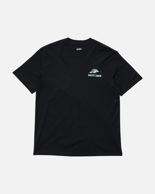 Black t-shirt with a logo on the chest against a white background