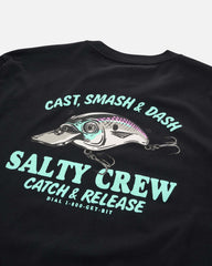 Black t-shirt with Salty Crew graphic and text on a light gray background