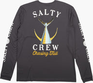 Salty Crew long-sleeve shirt with fish graphic and text on a white background