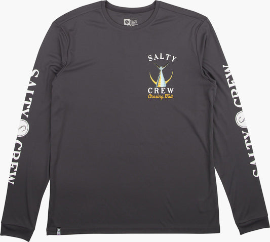 Black long-sleeve shirt with Salty Crew logo and branding on a white background