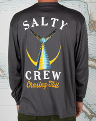 Black long-sleeve shirt with 'Salty Crew' and Fishtail design on a background