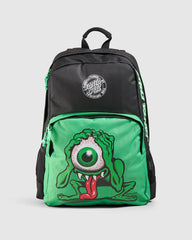 Black and green backpack with a cartoon monster design on a light gray background
