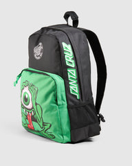 Black and green backpack with a cartoon character on a gray background