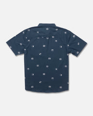 Navy blue shirt with small white flag pattern on a white background