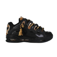 Black sneaker with brown accents on a white background