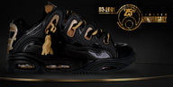 Black sneakers with gold accents on a dark background, featuring a '20th Anniversary' logo.