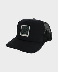 Black trucker cap with a logo on a white background