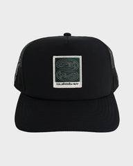 Black trucker cap with a logo on a white background