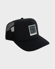 Black trucker cap with a logo on a white background