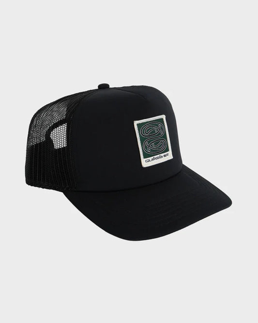 Black trucker cap with a logo on a white background