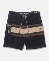 Board shorts with floral designs and color-blocked pattern on a light gray background