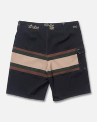 Black shorts with horizontal stripes on a light gray background