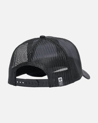Black mesh cap with a brand logo on a light gray background