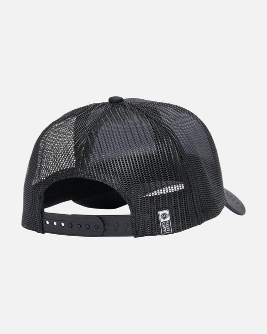 Black mesh cap with a brand logo on a light gray background