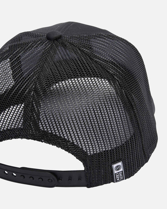 Black mesh cap with a brand logo on a white background