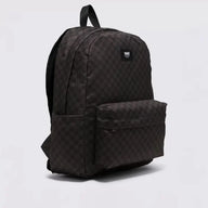 Black checkered backpack with a visible brand logo on a light gray background