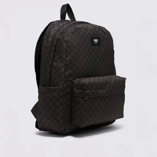 Black checkered backpack with a visible brand logo on a light gray background