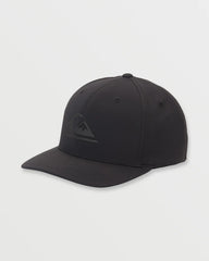Black cap with a logo on a light gray background