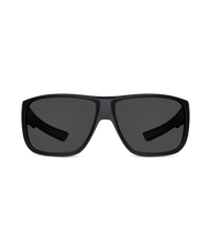 Black shield-style sunglasses with dark gray lenses, shown from the front on a plain white background.