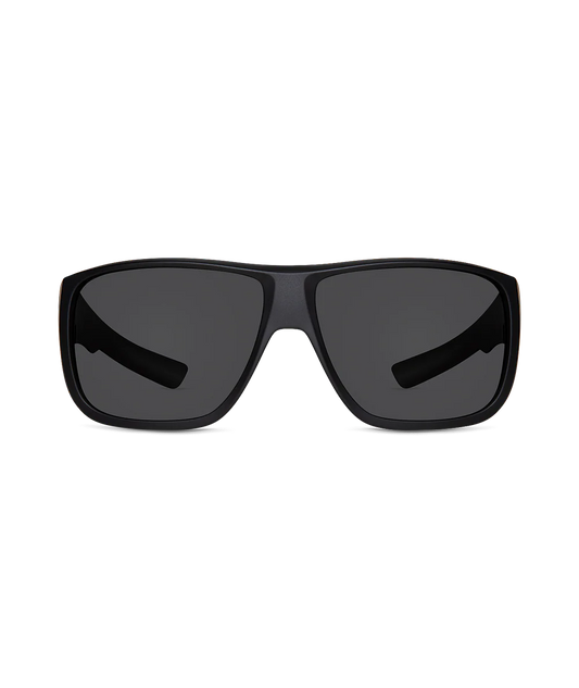 Black shield-style sunglasses with dark gray lenses, shown from the front on a plain white background.