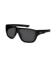 Black wrap-around sunglasses with dark lenses and a small square logo on the temple, shown on a plain white background.