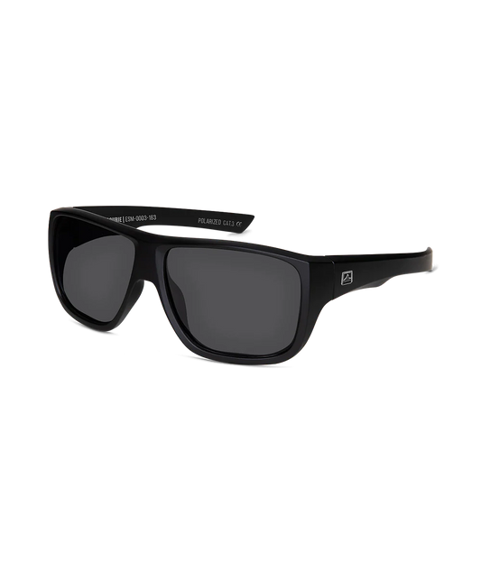 Black wrap-around sunglasses with dark lenses and a small square logo on the temple, shown on a plain white background.