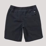 Black shorts with a small logo on the back pocket against a light gray background