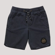 Navy blue shorts with a brand logo on a light gray background