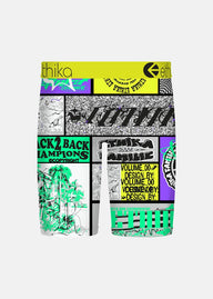 Pair of boxer briefs with graphic design and brand logo on a white background