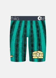 A pair of men's boxer briefs by ethika, featuring a teal and green watermelon pattern with black barbed wire graphics and a yellow 'World Champs 2025' graphic on the lower right leg.
