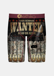 Shorts with a 'Wanted' poster design and Ethika branding on a white background