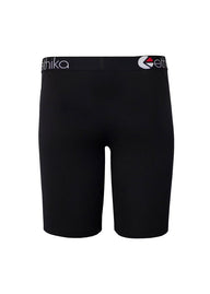 Black athletic shorts with a wide waistband featuring the brand name 'ethika' in white on the left and a red and white logo on the right, shown against a plain white background.