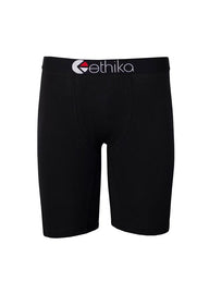 Black Ethika athletic shorts with a white and red logo on the waistband, shown against a plain white background.