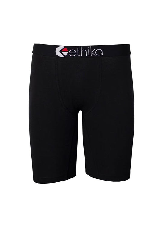 Black Ethika athletic shorts with a white and red logo on the waistband, shown against a plain white background.