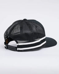 Black mesh cap with white stripes on a light gray background
