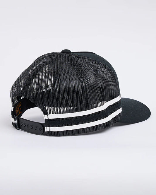 Black mesh cap with white stripes on a light gray background