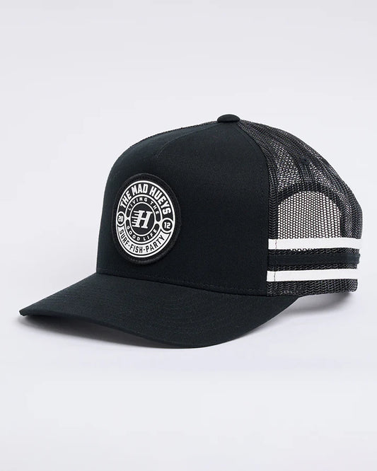 Black trucker cap with white mesh back and logo on a light gray background