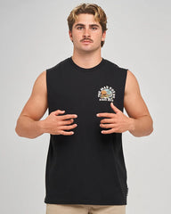A man modeling a black sleeveless muscle tank top with a small graphic on the left chest that reads 'The Mad Hueys Since 2012', set against a plain light gray background.