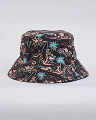 Bucket hat with tropical pattern on a light gray background