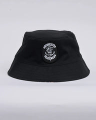 Black bucket hat with a logo on a light gray background